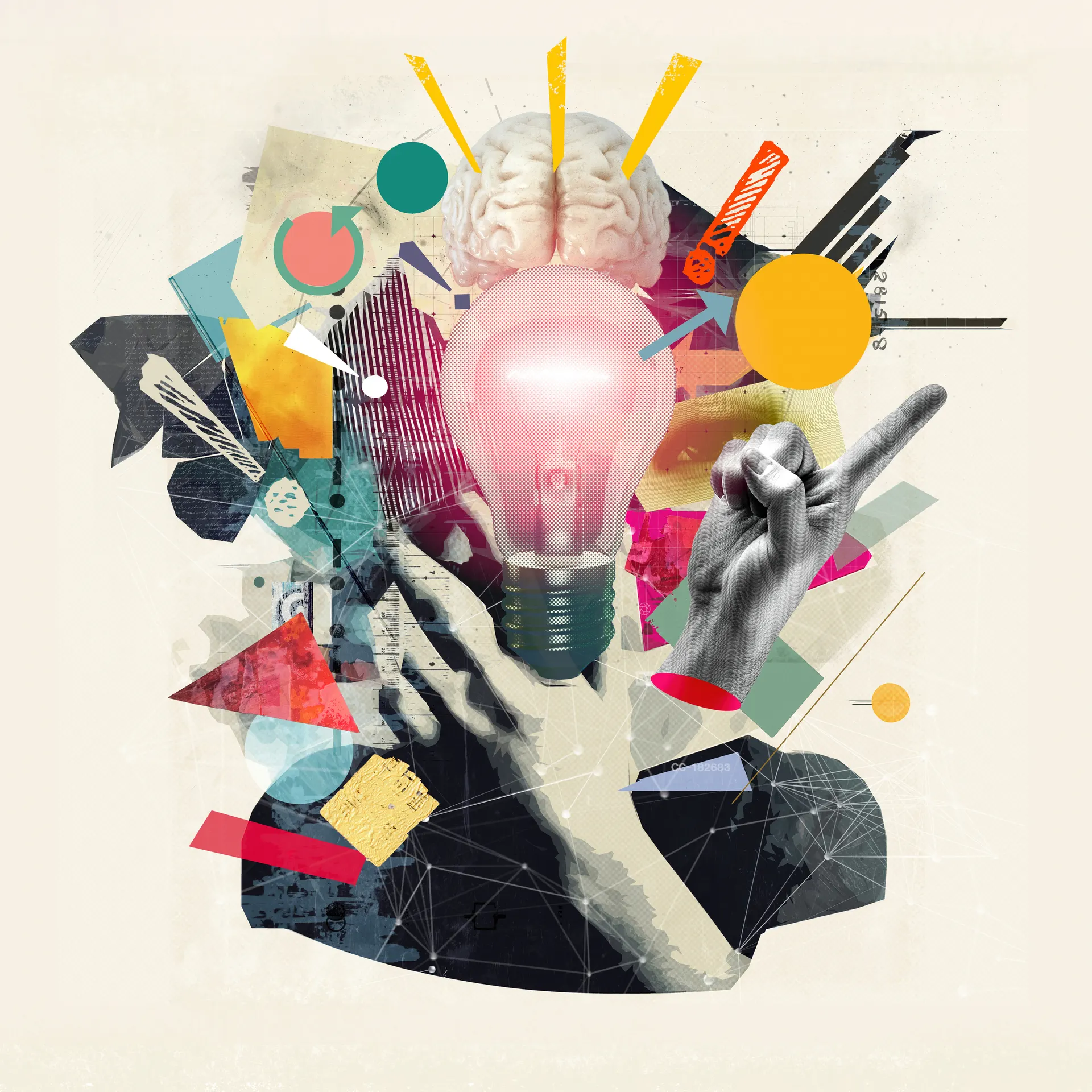 Collage de cerebro, foco y mano Collage de cerebro, foco y mano