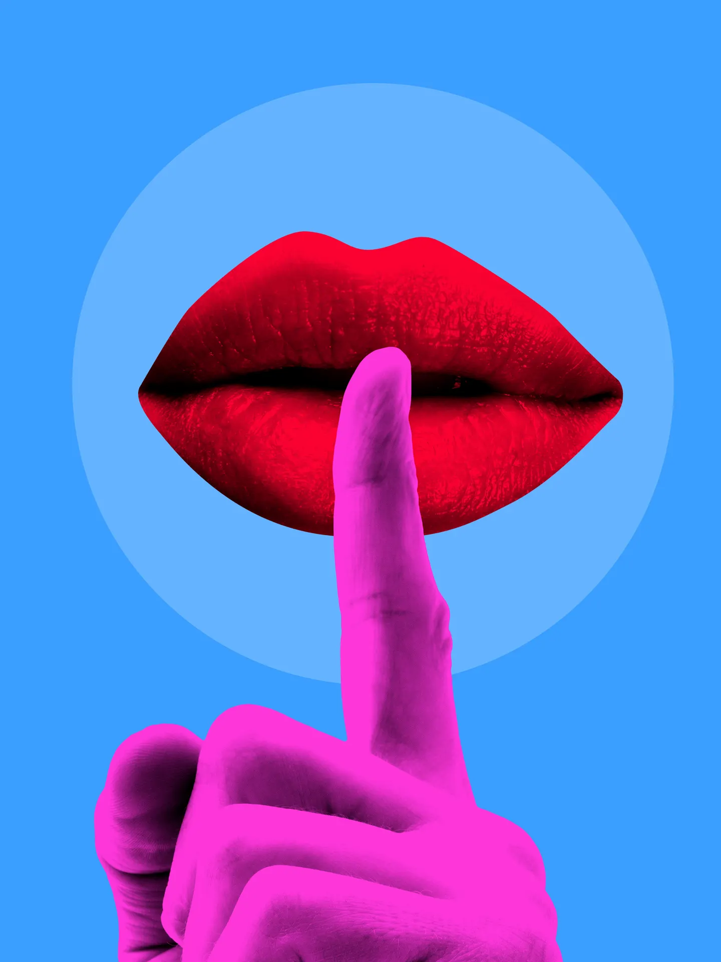 Labios rojos con gesto de silencio en azul Labios rojos con gesto de silencio en azul